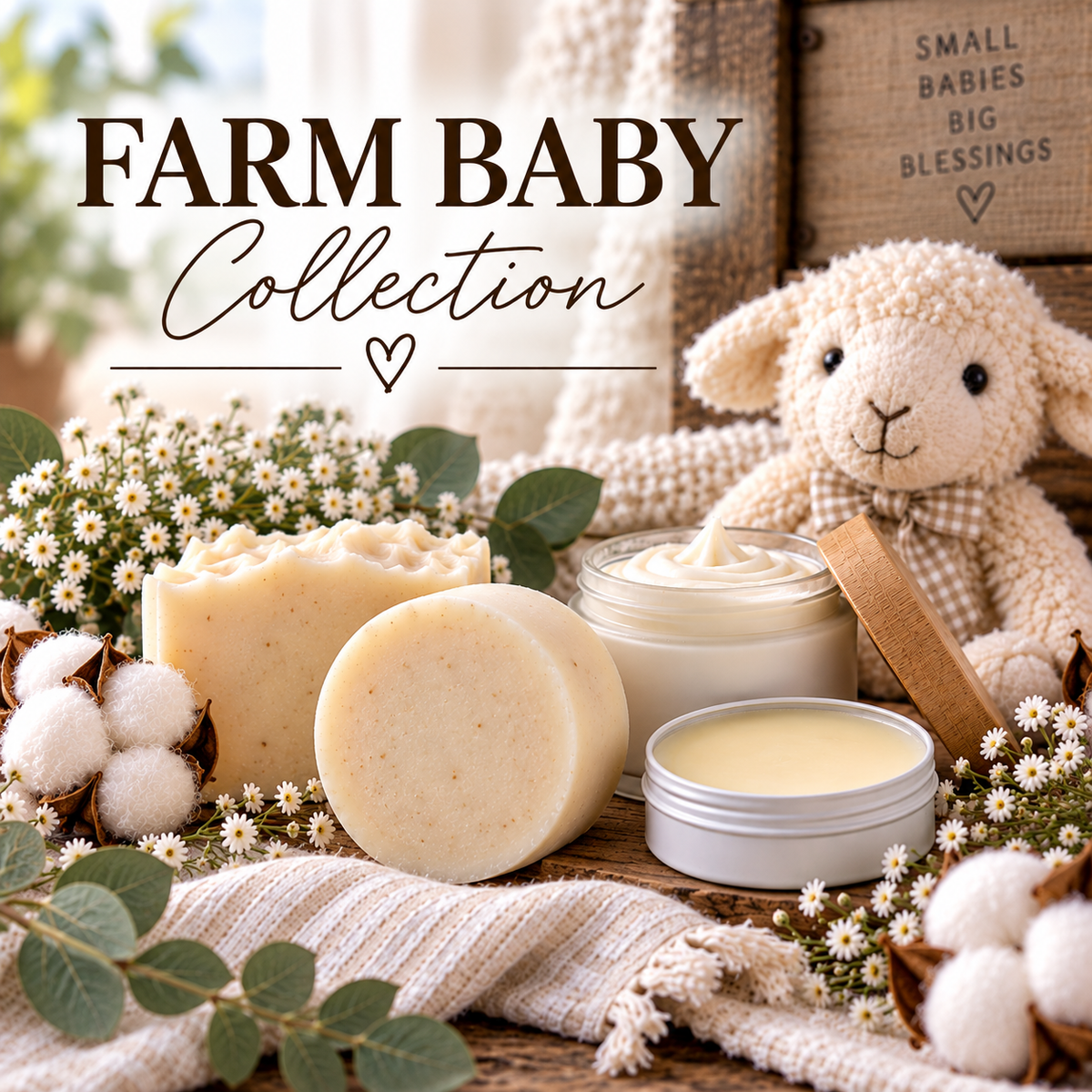 Farm Baby Collection by The Farmer's Wife featuring round and square baby soap, cream, and diaper balm