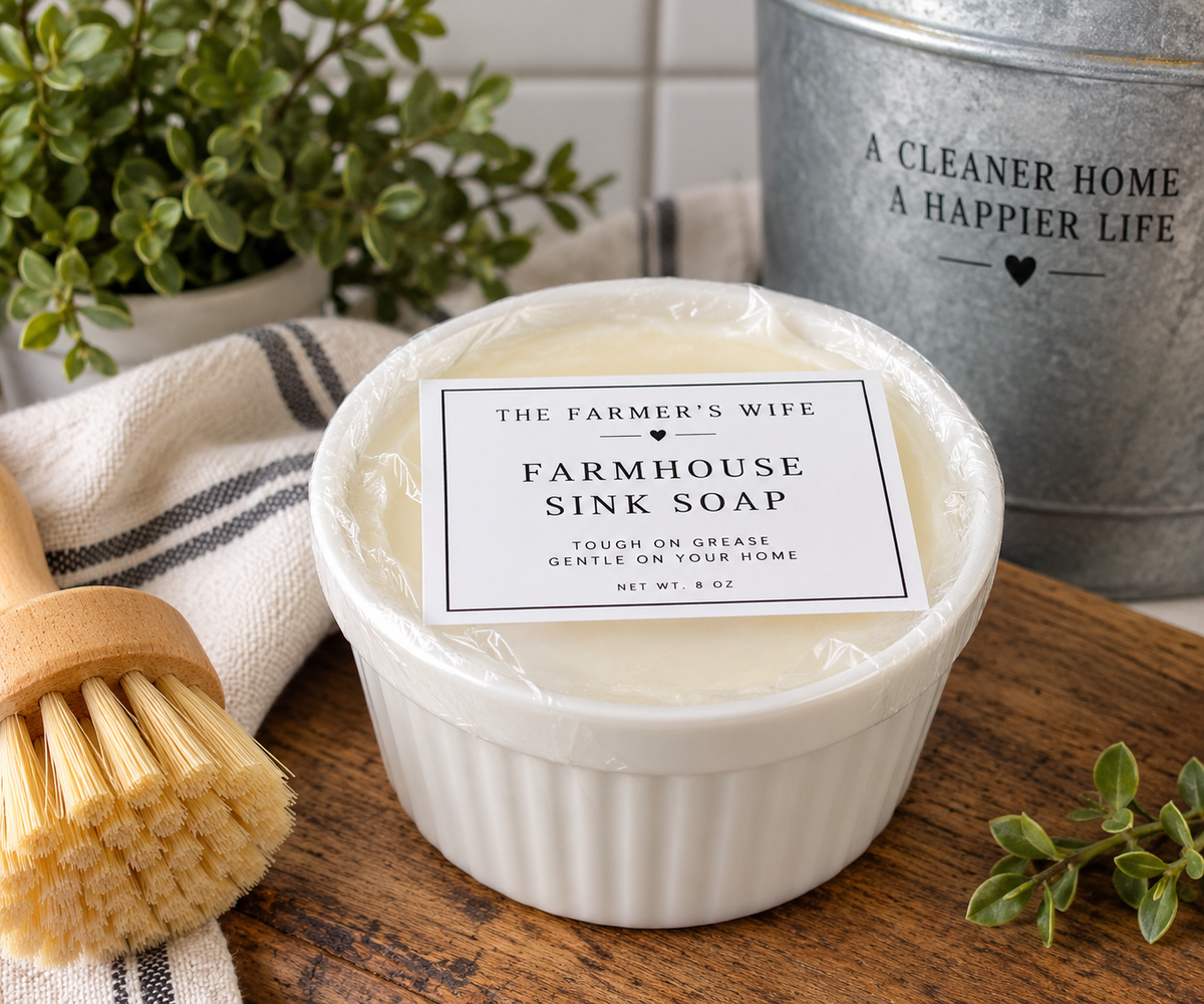 Farmhouse Sink Soap in a white ceramic jar for The Farmer’s Wife Home collection