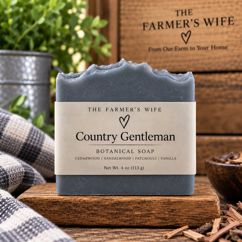 Country Gentleman Soap by The Farmer's Wife with solid smoky grey soap and current vellum heart label