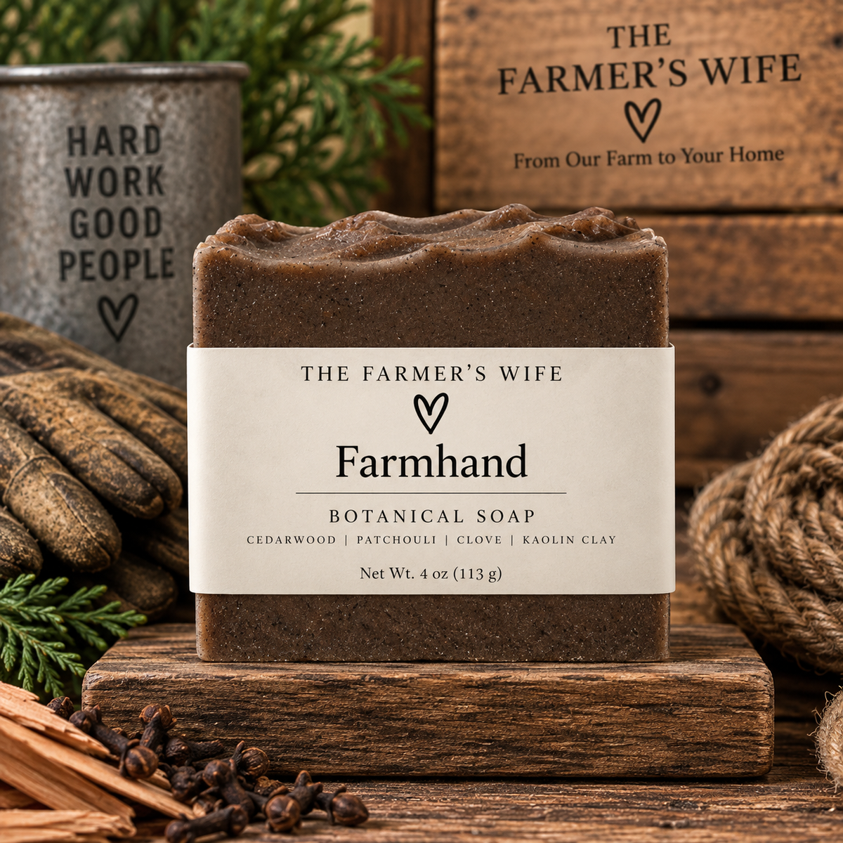 Farmhand Soap by The Farmer's Wife in solid speckled dark brown with current vellum heart label