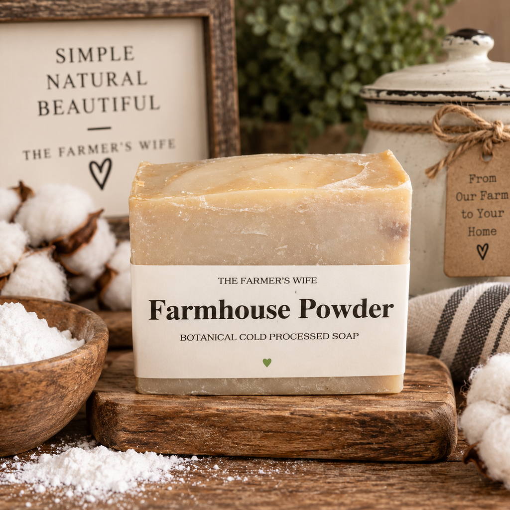 Farmhouse Powder Soap by The Farmer's Wife in creamy powder-beige with current vellum heart label