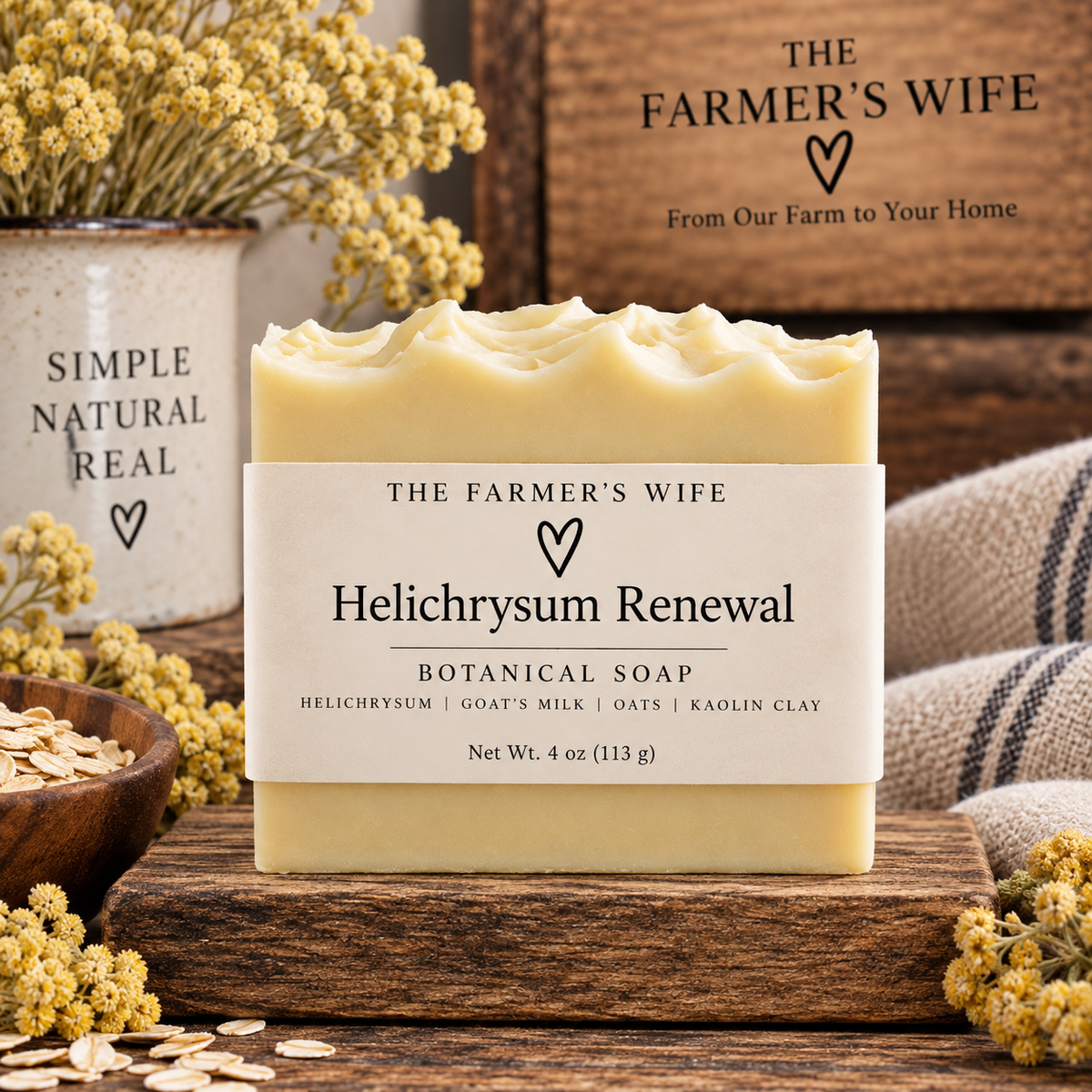 Helichrysum Renewal Bar by The Farmer's Wife in creamy yellow with current vellum heart label