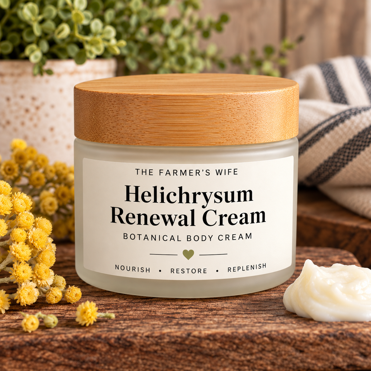 Helichrysum Renewal Cream by The Farmer's Wife with plain bamboo lid and botanical body cream label