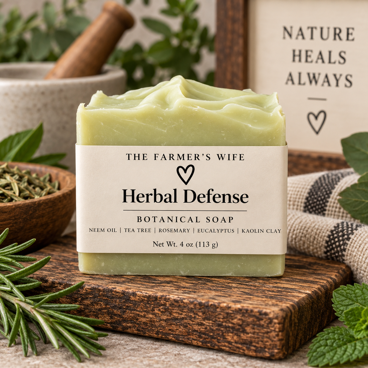Herbal Defense Soap by The Farmer's Wife in pale green with current vellum heart label