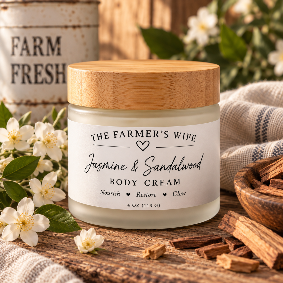 Jasmine & Sandalwood Body Cream by The Farmer's Wife styled in a warm Texas farmhouse setting