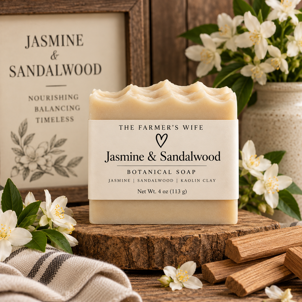 Jasmine & Sandalwood Soap Bar by The Farmer's Wife in creamy white with current vellum heart label
