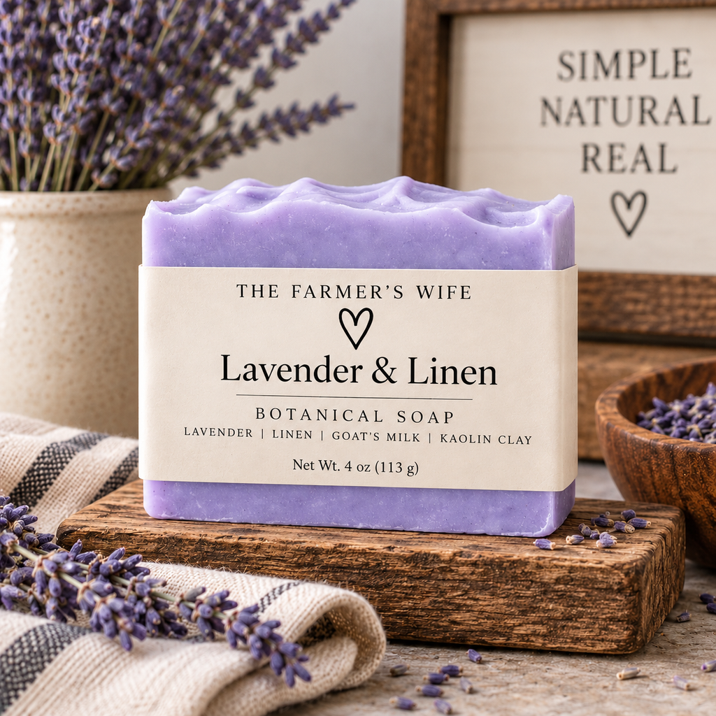 Lavender & Linen Soap by The Farmer's Wife with current vellum heart label and no buds on the soap