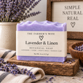 Lavender & Linen Soap by The Farmer's Wife with current vellum heart label and no buds on the soap