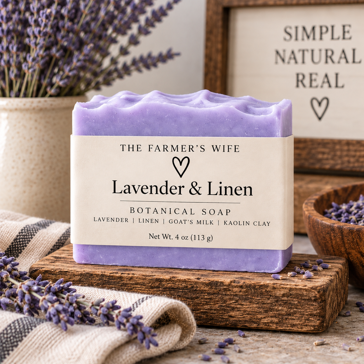 Lavender & Linen Soap by The Farmer's Wife with current vellum heart label and no buds on the soap