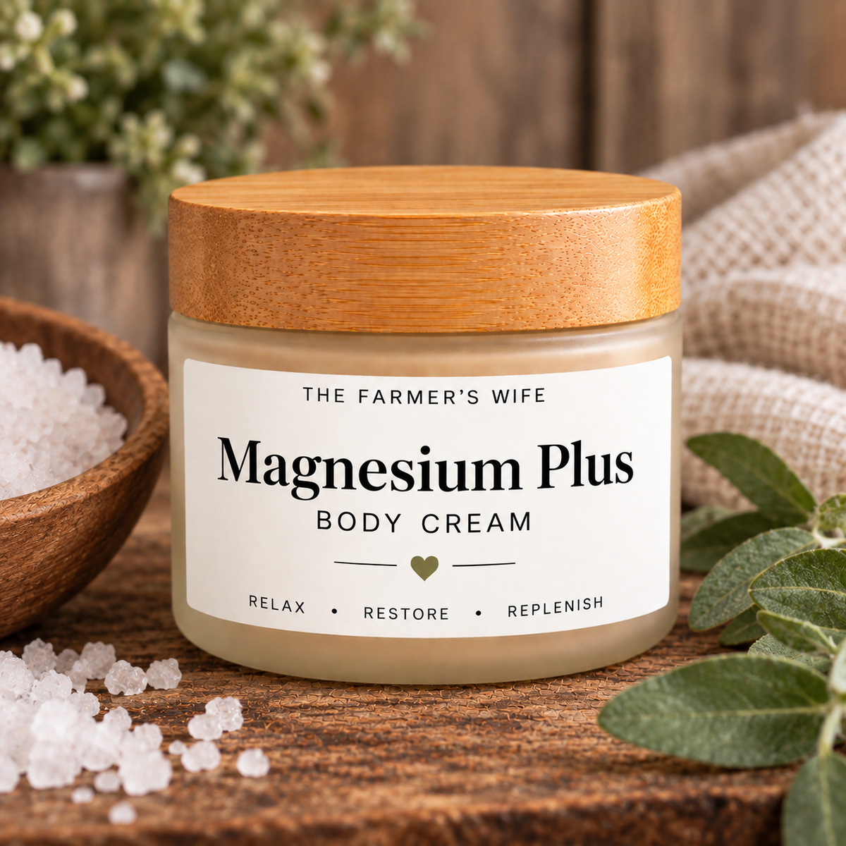 Magnesium Plus Body Cream by The Farmer's Wife in a warm farmhouse setting