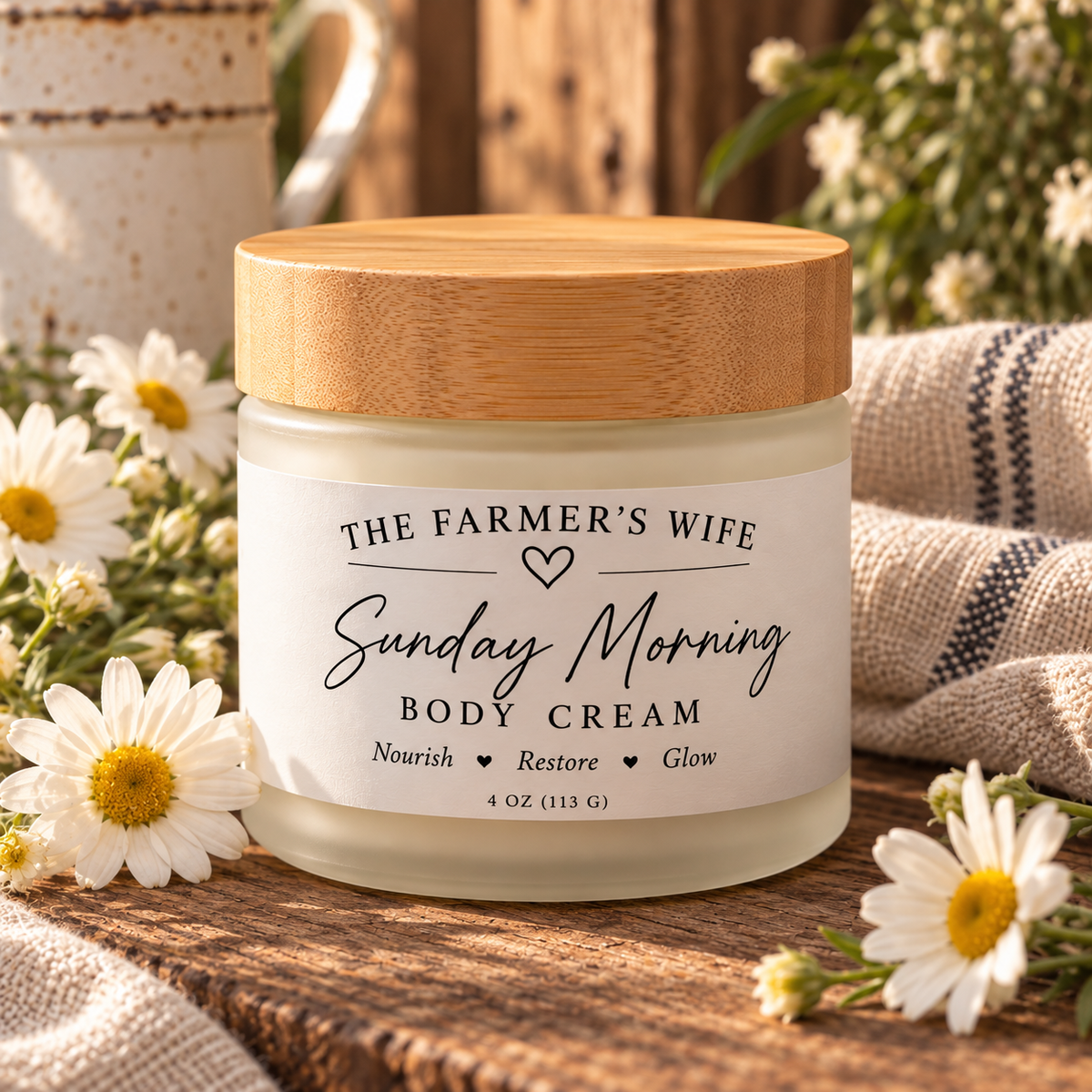 Sunday Morning Body Cream by The Farmer's Wife styled in a warm Texas farmhouse setting