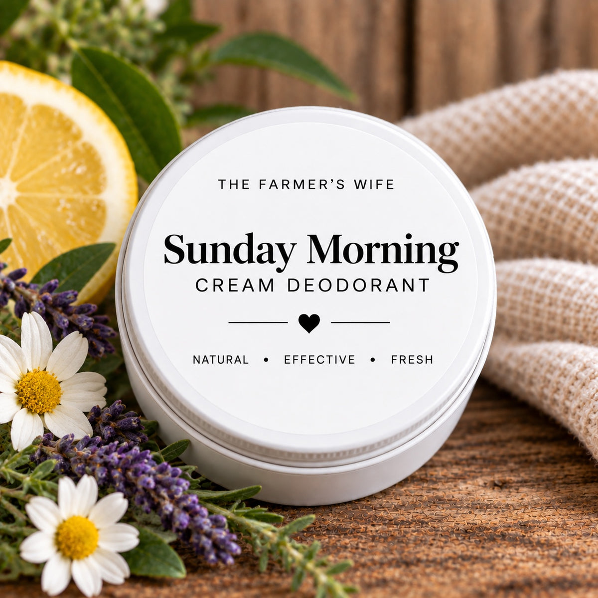 Sunday Morning Cream Deodorant in a white 2 oz tin by The Farmer's Wife