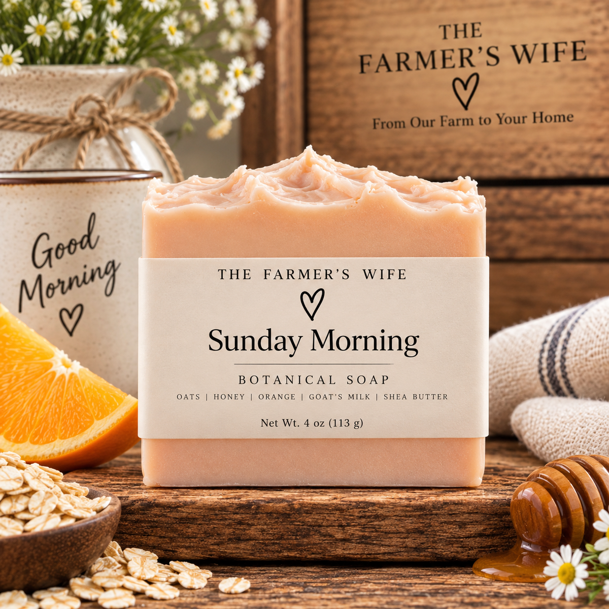 Sunday Morning Soap by The Farmer's Wife in peachy blush with current vellum heart label