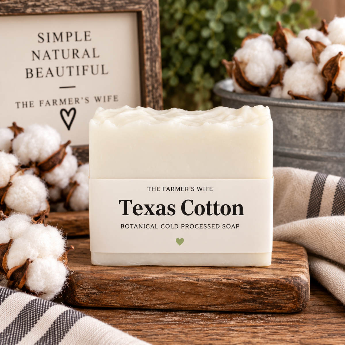 Texas Cotton Soap by The Farmer's Wife in snow white with current vellum heart label