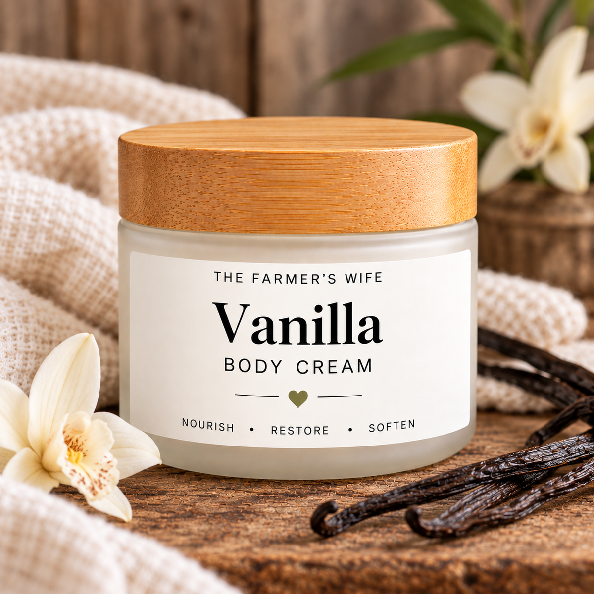 Vanilla Body Cream by The Farmer's Wife in a warm farmhouse setting